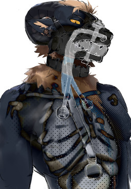 anthro bdsm blue_body collar fur gag horn male male_anthro muzzle_(object) muzzle_bolt muzzle_gag muzzled simple_background solo tan_body tan_fur white_background x-ray_view yellow_sclera eumecesemeatttt bovid caprine goat mammal hi_res