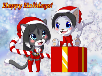 anthro black_body black_fur black_hair blue_eyes blushing_at_partner candy candy_cane chibi christmas_background christmas_clothing christmas_headwear christmas_present clothing dessert duo female food fur gift grey_body grey_fur hair hat headgear headwear holidays male male/female romantic romantic_couple santa_hat smile smiling_at_another smiling_at_partner tail pak009 christmas amanda_(smile4amanda) gojiro_(pak009) domestic_cat felid feline felis mammal russian_blue tuxedo_cat 2019 hi_res