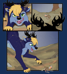antlers bodily_fluids chasing claws crouching duo fangs feral horn hunting imminent_vore male micro open_mouth open_smile running saliva scared_eyes scared_prey simple_background smile teeth luxsimius mythology thumbtack_(tack) avian gryphon hybrid mythological_avian mythological_creature absurd_res comic hi_res