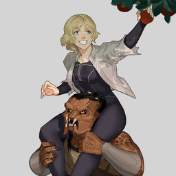 blonde_hair carrying_another clothed clothing duo female hair machine male mandibles markings picking pseudo_hair scales smile spots spotted_body leafjuly predator:_badlands predator_(franchise) dek_(predator) thia_(predator) alien humanoid robot robot_humanoid yautja 1:1 hi_res