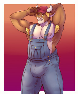 anthro areola armpit_hair barazoku biped blonde_hair body_hair border brown_body brown_fur bulge clothed clothed_anthro clothed_male clothing fingers front_view fur furgonomics gradient_background green_eyes hair hand_on_hat hat headgear headwear horn humanoid_hands looking_at_viewer male muscular muscular_anthro muscular_male nipples overalls pecs short_hair simple_background smile solo standing tan_body tan_fur text white_border darolion bovid bovine cattle mammal 2023 artist_name colored hi_res portrait shaded three-quarter_portrait