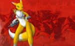 abstract_background anthro assault_rifle black_sclera blue_eyes breasts chest_tuft dipstick_tail featureless_breasts female fur graffiti gun markings nude painting ranged_weapon remix rifle solo tail tail_markings tuft war weapon white_body white_fur yellow_body yellow_fur darkdoomer bandai_namco digimon canid canine digimon_(species) mammal renamon 16:10 2009 hi_res red_theme wallpaper watermark widescreen