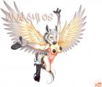 anthro arms_above_head arms_out black_nipples breasts feathered_wings feathers female flying fur hair hooves looking_at_viewer nipples nude pink_body pink_eyes pink_fur solo spread_arms white_body white_fur white_hair wings malachi mythology equid equine mammal mythological_creature mythological_equine pegasus 2008