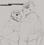 anthro duo explicit_text grey_background grin hug looking_at_another male muscular muscular_anthro muscular_male simple_background size_difference smile teeth text melaisen canid canine canis domestic_dog felid mammal pantherine 2021 digital_drawing_(artwork) digital_media_(artwork) english_text half-length_portrait portrait sketch