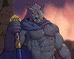 abs anthro cloak_only eye_scar facial_scar fangs fur grey_body grey_fur grey_hair hair looking_at_viewer male melee_weapon muscular muscular_anthro muscular_male notched_ear obliques pecs purple_eyes scar shirtless sky solo sword teeth weapon jrjresq elden_ring fromsoftware blaidd_(elden_ring) canid canine canis mammal wolf bust_portrait hi_res portrait