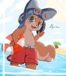 5_fingers anthro clothed clothing fingers fur legs_in_water male outside partially_submerged red_clothing solo submerged_legs swimming_trunks swimwear topless water young young_anthro myrotiggy cygames world_flipper lou_(world_flipper) canid canine canis domestic_dog mammal absurd_res hi_res