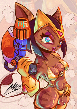 abs anthro bikini blue_eyes breasts brown_body brown_fur circlet clothing collarbone eyebrows eyelashes female fur gloves gold_bikini gun hand_on_hip handwear high-angle_view legwear medium_breasts navel o-ring open_mouth ranged_weapon solo striped_body striped_fur stripes swimwear thick_thighs thigh_highs two-piece_swimsuit weapon wide_hips the_nitrocrate golden_week ratchet_and_clank sony_corporation sony_interactive_entertainment sasha_phyronix cazar_(ratchet_and_clank) mammal 2026 absurd_res hi_res