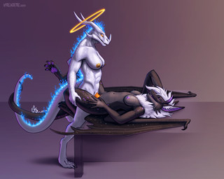 anthro big_breasts blue_fire blue_flames breasts colored_fire duo female fire genitals glowing glowing_genitalia glowing_penis gynomorph gynomorph_penetrating halo intersex intersex/female intersex_penetrating neck_tuft nipples non-mammal_nipples penetration penis tuft vaginal vaginal_penetration yellow_genital_slit yellow_genitals virensere mythology andras bry_(sillyderg) angel dragon mythological_creature mythological_scalie scalie 5:4 absurd_res hi_res