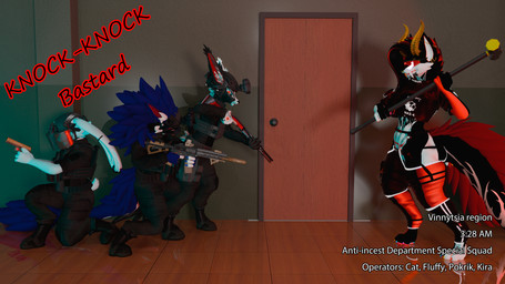 anthro armor group gun male ranged_weapon weapon rombocat alberarts_(modeler) fluffy_ua kiraraoor novacat pokrik_(pokrik_hellhound) hyena hyenid_(species) lagomorph leporid mammal novabeast rabbit rexouium 16:9 3d_(artwork) 4k absurd_res digital_media_(artwork) hi_res widescreen