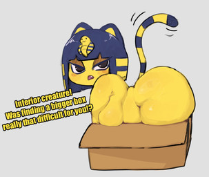 anthro biped blue_hair box breasts butt container dialogue female hair markings pupils raised_tail simple_background solo striped_markings striped_tail stripes tail tail_markings text yellow_body okgaki animal_crossing nintendo ankha_(animal_crossing) domestic_cat felid feline felis mammal hi_res