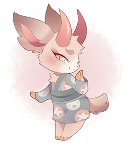 :3 anthro asian_clothing clothing east_asian_clothing english_commentary female green_sash grey_clothing grey_kimono japanese_clothing kimono pale_color pupils sash scut_tail short_tail slit_pupils smile solo star_(symbol) star_print tail upturned_eyes yellow_eyes sundaero animal_crossing asian_mythology east_asian_mythology japanese_mythology mythology nintendo shino_(animal_crossing) deer demon mammal oni yokai full-length_portrait portrait