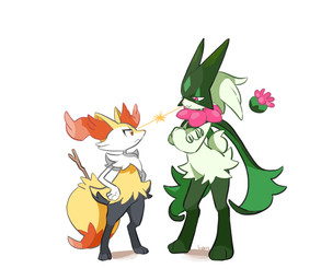 3_toes :3 ambiguous_anthro ambiguous_gender anthro arm_tuft biped black_body black_fur cheek_tuft chest_tuft claws closed_frown closed_smile crossed_arms digitigrade dipstick_tail duo eye_contact eyelashes facial_tuft feet finger_claws flat_chested flower_trick frown fur green_body green_fur green_tail hands_on_hips hip_tuft inner_ear_fluff looking_at_another looking_down looking_down_at_another looking_up_at_another markings mask monotone_tail mouth_closed multicolored_body multicolored_fur nude_ambiguous nude_anthro object_in_tail orange_body orange_eyes orange_fur orange_inner_ear_fluff orange_nose orange_tail_tip pointy_ears prick_ears red_eyes shoulder_tuft side_view simple_background size_difference smile standing stick stick_in_tail tail tail_markings tapering_snout toes tuft two_tone_tail wearing_mask white_background white_body white_fur yellow_body yellow_fur yellow_tail ban62460424 nintendo pokemon braixen canid felid generation_6_pokemon generation_9_pokemon mammal meowscarada pokemon_(species) 2023 cel_shading colored digital_drawing_(artwork) digital_media_(artwork) shaded signature
