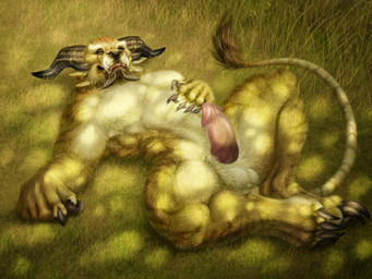 4_ears animal_genitalia animal_penis anthro balls basking bedroom_eyes bovine_ears claws erection feet feline_genitalia feline_penis fur genitals grass horn light lying male multi_ear muscular muscular_male narrowed_eyes on_back orange_eyes outside pawpads paws penis plant seductive shadow sheath solo spiked_penis spikes spikes_(anatomy) spread_legs spreading stripes tail tail_tuft tuft tusks yellow_body yellow_fur gwynfynifail guild_wars charr felid mammal 2019 colored digital_media_(artwork) digital_painting_(artwork) hi_res lighting painting_(artwork) shaded