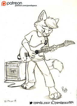 amplifier anthro barefoot bottomwear clothed clothing electric_guitar eyes_closed feet front_view guitar hair holding_guitar holding_musical_instrument holding_object logo male mouth_closed musical_instrument pants patreon_logo playing_guitar playing_music plucked_string_instrument shirt short_hair simple_background solo standing string_instrument t-shirt text topwear young young_anthro young_male pandapaco patreon canid canine fox mammal 2016 artist_logo artist_name signature sketch url