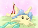 accessory ambiguous_gender anthro bell blue_clothing blush clothing fur furgonomics glistening glistening_eyes looking_at_viewer lying on_back pink_background simple_background solo tail tail_accessory tail_bell yellow_body yellow_ears yellow_eyes yellow_fur yellow_tail kuttoyaki 4:3