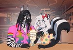 anthro beverage blue_eyes bow_ribbon cafe colored_nails dark_hair dreadlocks drinking duo femboy fur hair hand_on_shoulder lgbt_pride long_hair male milkshake multicolored_body multicolored_fur muscular muscular_male nails pride_color_flag pride_colors rainbow_pride_colors sharing_food six-stripe_rainbow_pride_colors white_hair naughtyjester fan_character equid equine mammal mephitid skunk zebra 2023 hi_res signature