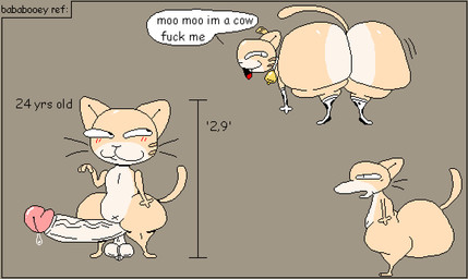 all_fours anthro armwear balls big_butt big_penis blush blush_lines bodily_fluids bubble_butt butt cat_smile chart clothed clothing collar cow_stockings cowbell dialogue dripping fangs floating_whiskers genital_fluids genitals gesture glans glistening glistening_body glistening_butt glistening_genitalia glistening_glans glistening_penis hand_gesture height_chart huge_butt huge_penis inviting_to_sex legwear looking_away looking_back male mouth_closed multicolored_body multiple_poses navel nude_anthro nude_male partially_clothed penis pose precum precum_drip price_tag profanity pupils saggy_balls scrotum_flap short_male side_view simple_background smug solo speech_bubble standing stated_adult stated_age stockings stripes tail talking_to_viewer tan_body taunting teeth thick_thighs tongue vein veiny_penis whiskers white_clothing white_legwear white_sclera white_stockings x_navel nxyitn bababooey_(nxyitn) domestic_cat felid feline felis mammal tabby_cat aliasing digital_media_(artwork) model_sheet