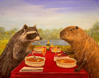 alcohol ambiguous_gender beverage brown_body brown_fur container creme_brulee cup cutlery dinner_table drinking_glass duo_focus eating feral fur glass glass_container glass_cup group kitchen_utensils knife outside spoon text tools white_body white_fur wine wine_glass travis_chapman kip_(travis_chapman) capybara caviid mammal procyonid raccoon rodent acrylic_painting_(artwork) artist_name hi_res painting_(artwork) signature traditional_media_(artwork) traditional_painting_(artwork)
