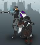 2015 aiming anthro armor australian_shepherd blue_eyes body_armor canid canine canis claws clothed clothing codydog digital_media_(artwork) digitigrade domestic_dog duo gun hair herding_dog hi_res holding_gun holding_object holding_ranged_weapon holding_weapon machine mammal pastoral_dog power_armor purple_hair ranged_weapon rifle science_fiction scope sergal sheepdog simple_background sniper_rifle standing storm_(stormblazer) tail toe_claws tokaido weapon yellow_eyes