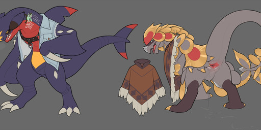 animal_genitalia anthro biped bodily_fluids butt claws cloaca cloaca_juice clothed clothed_anthro clothed_female clothed_male clothing dorsal_fin duo feet female fin front_view genital_fluids genitals horizontal_cloaca looking_back male open_mouth rear_view scales simple_background size_reference spread_cloaca spreading standing tail teeth toes tongue unary_tally_marks unusual_tally_marks snowskau mythology nintendo pokemon dragon garchomp generation_4_pokemon generation_7_pokemon generation_9_pokemon kommo-o meowscarada mythological_creature mythological_scalie pokemon_(species) scalie 2025 absurd_res digital_drawing_(artwork) digital_media_(artwork) hi_res
