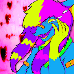 anthro bandage bandage_on_face bandage_on_nose bandaged_arm blonde_hair blue_body blue_fur blush blush_lines bodily_fluids bright_colors drugs fur green_kerchief hair kerchief open_mouth pink_hair purple_hair scene_haircut self-harm solo sparklefur stoned substance_intoxication tears teeth yellow_body yellow_eyes yellow_fur yellow_teeth real_feral ax_queenston alien canid canine mammal maned_wolf 1:1 bust_portrait hi_res portrait