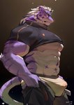 anthro barazoku beard belt big_muscles big_pecs bottomwear bulge butt clothing dressing facial_hair fur hair kemono male muscular muscular_anthro muscular_male pants pecs pulling_up_pants purple_body purple_fur side_view solo striped_body striped_fur stripes tight_clothing underwear white_hair luodejun tight_pants_(meme) sadiend felid mammal pantherine tiger absurd_res hi_res meme