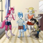 1:1 4_toes anthro barefoot bathroom black_hair blonde_hair blue_body blue_bottomwear blue_clothing blue_ears blue_eyes blue_fur blue_hair blue_tail bottomwear brother_(lore) brother_and_sister_(lore) brown_bottomwear brown_clothing brown_eyes brown_shorts canid canine canis child clothed clothing countershading crop_top crouching digital_media_(artwork) dominant dominant_female eldiman feet female fully_clothed fur grey_clothing grey_shirt grey_topwear group hair hi_res inside lagomorph leporid looking_at_another male mammal midriff monotone_clothing monotone_shirt monotone_topwear navel pink_body pink_eyes pink_fur pink_hair pink_tail rabbit red_bottomwear red_clothing red_skirt shirt shorts sibling_(lore) sister_(lore) skirt standing tail tank_top toes topwear two_tone_tail winterwolfy wolf yellow_clothing yellow_topwear young young_anthro