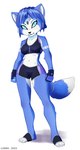 3_toes accessory anthro athletic athletic_anthro athletic_female athletic_wear biped black_nose blue_body blue_eyes blue_fur blue_hair bottomwear bra clothing collarbone countershade_face countershade_torso countershading crown dipstick_tail eyebrows eyelashes feet female fingerless_gloves fingers fist footwear fur furgonomics gloves glowing glowing_eyes gym_bottomwear gym_shorts hair handwear headgear jewelry looking_at_viewer markings midriff navel shorts simple_background solo sport sports_bra sportswear standing tail tail_accessory tail_markings tattoo teal_eyes text tiara toeless_footwear toes underwear white_background chilllum nintendo star_fox krystal_(star_fox) canid canine fox mammal 2023 absurd_res artist_name dated full-length_portrait hi_res portrait