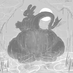 anthro anus backsack balls big_anus big_balls big_butt bottom_heavy butt femboy genitals huge_butt hyper hyper_butt looking_back male nude outside partially_submerged puffy_anus scrotum_flap solo tail thick_thighs water wide_hips nathyness dreamworks european_mythology how_to_train_your_dragon mythology toothless dragon fury_(httyd) mythological_creature mythological_scalie night_fury scalie western_dragon hi_res monochrome sketch
