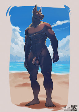 anthro balls beach black_body black_fur bodily_fluids flaccid foreskin fur genital_fluids genitals humanoid_genitalia humanoid_penis male muscular muscular_anthro muscular_male nipples nude nude_beach outside pecs penis precum qr_code sand seaside sky smile solo water kaelash anubian_jackal canid canine canis jackal khenra_(species) mammal absurd_res hi_res