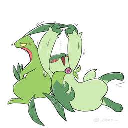 ambiguous_gender anthro blush blush_lines claws cross-popping_vein duo finger_claws fur green_body green_fur green_tail open_mouth open_smile red_body simple_background smile tail text white_background yellow_sclera 0bon nintendo pokemon floragato generation_3_pokemon generation_9_pokemon grovyle pokemon_(species) 1:1 2024 hi_res japanese_text