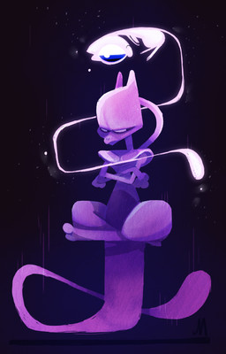 ambiguous_gender big_eyes crossed_arms crossed_legs duo feral grumpy jasonmclean long_tail looking_down pink_body purple_body purple_tail sparkles tail nintendo pokemon felid feline generation_1_pokemon legendary_pokemon mammal mew_(pokemon) mewtwo pokemon_(species) absurd_res digital_media_(artwork) digital_painting_(artwork) hi_res painting_(artwork)