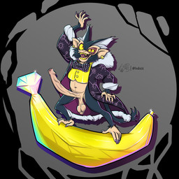 anthro balls banana big_penis bow_tie clothed clothing coat_cape feet food foreskin fruit fur_clothing genitals male partially_clothed penis plant prehensile_feet saggy_balls solo toes topwear vest refractionxiii donkey_kong_(series) donkey_kong_bananza nintendo void_kong haplorhine mammal monkey primate 1:1 hi_res