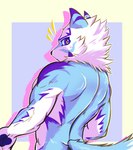 anthro back_muscles blush clothed clothing fur looking_at_viewer looking_back male multicolored_body multicolored_fur muscular muscular_anthro muscular_male solo topless topless_anthro to_hakuto lifewonders live_a_hero sadayoshi canid canine canis domestic_dog mammal