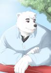 anthro barazoku black_nose clothing fur humanoid_hands male outside shirt solo topwear white_body white_fur ixkouu aggretsuko sanrio shirota_(aggretsuko) bear mammal polar_bear ursine 2019 hi_res