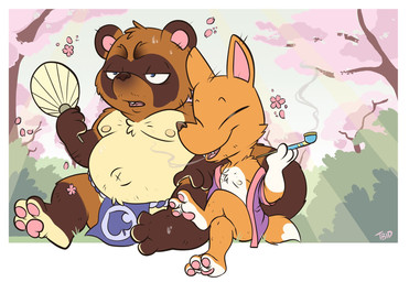 anthro asian_clothing brown_body brown_fur chibi clothing duo east_asian_clothing fundoshi fur japanese_clothing male male/male moobs mostly_nude nipples pipe red_body red_fur robe slightly_chubby smoke smoking underwear tbid animal_crossing nintendo crazy_redd tom_nook_(animal_crossing) canid canine fox mammal raccoon_dog tanuki hi_res