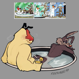 anthro bathing bathing_together bedroom_eyes beverage blush blush_lines bodily_fluids brown_body brown_fur dialogue duo fur grey_background holding_beverage holding_object hot_tub looking_at_another looking_back looking_back_at_another male male/male narrowed_eyes nude overweight overweight_male rear_view red_nose screencap seductive simple_background skinny_male sweat sweatdrop tan_body tan_fur text toony sinsing_49 looney_tunes warner_brothers ralph_e._wolf sam_sheepdog canid canine canis domestic_dog herding_dog mammal pastoral_dog sheepdog wolf 1:1 2025 comic english_text hi_res signature