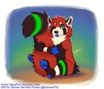 ambiguous_gender anthro black_body black_fur blep blue_pawpads blue_tongue brown_body brown_fur butt_tuft cheek_tuft closed_smile facial_tuft fangs fluffy fluffy_tail fur glistening glistening_eyes green_body green_eyes green_fur head_tuft looking_at_viewer mouth_closed nude one_eye_closed pawpads simple_background sitting smile solo tail teeth text tongue tongue_out tuft mylafox ailurid mammal red_panda 2020 dated full-length_portrait portrait signature url