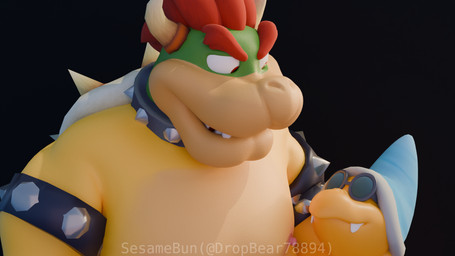 anthro armwear clothing duo eye_contact eyewear glasses hair headgear headwear horn looking_at_another male male/male nipples red_eyes red_hair teeth yellow_body sesame_bun mario_bros nintendo bowser kamek koopa magikoopa reptile scalie turtle 16:9 3d_(artwork) digital_media_(artwork) hi_res widescreen