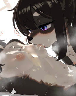 anthro black_hair blush bodily_fluids breasts breasts_apart duo female female/female female_anthro fur fur_tuft hair hair_between_eyes half-closed_eyes lying multicolored_body multicolored_eyes narrowed_eyes nipple_fetish nipple_play nipple_suck on_back saliva_on_breasts simple_background small_breasts snorting snout sucking sweat tuft two_tone_body young gayoku_midara therianthrope 4:5 hi_res