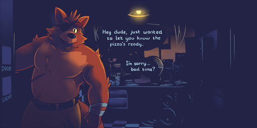 alternate_species anthro anthrofied clothed clothing dark dialogue eye_patch eyewear furrification male musclegut muscular slightly_chubby solo text topless greenendorf five_nights_at_freddy's scottgames foxy_(fnaf) canid canine fox mammal english_text