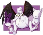 abdominal_bulge ambiguous_gender anthro belly belly_inflation big_belly dark_wings footprint fully_inside fur huge_belly inflation open_mouth pawprint purple_eyes soft_vore solo tail tail_mouth unusual_anatomy unusual_tail vore white_body white_fur wings misterpolkovnik basilic_(character) ayakashi