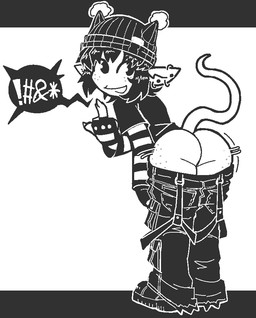 alternative_fashion beanie bondage_pants bottomwear bottomwear_down butt clothed clothing femboy fingerless_gloves freckled_butt freckled_face freckles gesture gloves goth grawlixes hand_gesture handwear hat headgear headwear humanoid_pointy_ears male middle_finger mooning pants pants_down partially_clothed pointy_ears shaking_butt solo dondon don_(dondon) bovid caprine caprine_demon demon demon_humanoid goat_demon humanoid mammal 2026 black_and_white letterbox monochrome