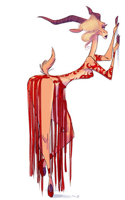 anthro black_horn blonde_hair brown_eyes clothed clothing dress female footwear fur fur_markings hair hair_over_eye hands_against_wall horn long_neck markings multicolored_body multicolored_fur multicolored_hair multicolored_skin open_mouth raised_tail red_clothing red_dress red_footwear red_shoes shoes simple_background solo tail two_tone_body two_tone_fur two_tone_skin slb-creations disney zootopia gazelle_(zootopia) antelope bovid gazelle mammal