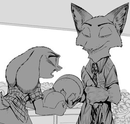 anthro blush buckteeth carrot cheek_tuft claws clothed clothing dipstick_ears duo ear_markings facial_tuft female food fruit holding_food holding_object male melon multicolored_ears necktie plant short_tail smile tail teeth tuft vegetable thewyvernsweaver disney zootopia judy_hopps nick_wilde canid canine fox lagomorph leporid mammal rabbit red_fox true_fox 2018 digital_media_(artwork) greyscale hi_res monochrome story story_in_description