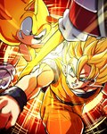 anthro blonde_hair clothing duo eye_contact footwear green_eyes hair light_body light_skin looking_at_another male red_eyes smile okami_(artist) dragon_ball sega sonic_the_hedgehog_(series) goku super_sonic eulipotyphlan hedgehog mammal saiyan 2018 4:5 crossover