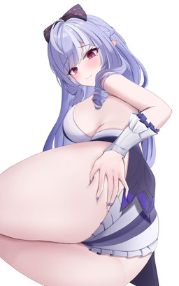 accessory bare_shoulders big_breasts blush blush_lines bow_ribbon breasts clothing female hair hair_accessory hair_bow hair_ribbon hand_on_butt hand_on_own_butt humanoid_pointy_ears leotard long_hair looking_at_viewer mole_under_eye not_furry pointy_ears rear_view red_eyes ribbons side_boob simple_background smile smiling_at_viewer solo thick_thighs white_background white_clothing white_leotard wide_hips izumiillus mihoyo zenless_zone_zero vivian_banshee elf humanoid 5:8 absurd_res digital_drawing_(artwork) digital_media_(artwork) hi_res