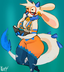 anthro big_breasts blue_body blue_eyes blue_fur book breasts clothed clothing curvy_figure eyewear female female_anthro fingers fur glasses horn long_ears looking_at_viewer mature_anthro mature_female narrowed_eyes pose raised_leg solo tail thick_thighs voluptuous white_body white_fur wide_hips kiseff atlyss mythology angela_flux bovid caprine dragon goat hybrid kubold_(atlyss) mammal mythological_creature mythological_scalie oathkin_(atlyss) poon_(atlyss) scalie colored digital_media_(artwork) full-length_portrait portrait shaded signature