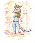 anthro barefoot blonde_hair clothed clothing confident dominant dominant_male feet fur hair happy looking_at_viewer male scarf smile solo tail well_dressed ratsjo brush_(here2express) mammal murid murine rat rodent absurd_res colored hi_res traditional_media_(artwork)