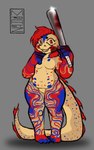 anthro belly blood blood_on_face blood_on_hand blood_on_weapon bodily_fluids breasts eyelashes female hair long_tail looking_at_viewer markings multicolored_body navel red_eyes red_hair sharp_teeth simple_background slightly_chubby solo spots spotted_body tail teeth thick_thighs weapon yellow_body yellow_skin marcoartz jaz_(pepperpkmon88) eel fish marine moray_eel 2023 digital_drawing_(artwork) digital_media_(artwork) hi_res watermark